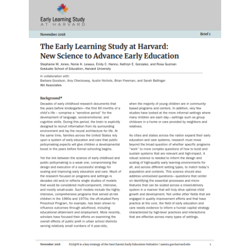 The Early Learning Study at Harvard: New Science to Advance Early Education